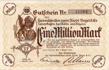 Preview: Knapsack , Banknote 1 Million Mark Schein gbr. Keller 2682 , Rheinland 1923 Inflation