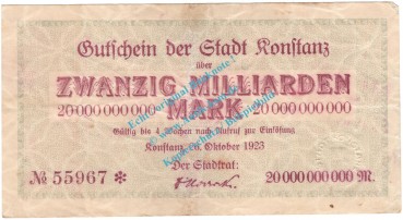 Konstanz , Notgeld 20 Milliarden Mark Schein in gbr. Keller 2796.q , Baden 1923 Inflation