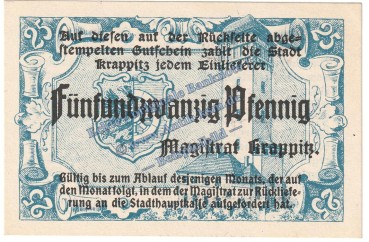 Krappitz , Notgeld 25 Pfennig Schein in kfr. Tieste 3705.05.10 , Schlesien o.D. Verkehrsausgabe