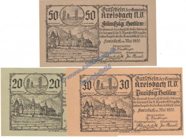 Kreisbach , Notgeld Set mit 3 Scheinen in kfr. K-K 470.d , Niederösterreich von 1920