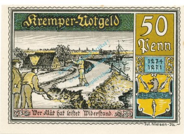 Krempe , Notgeld 50 Pfennig -Fehlfarbe- unc-kfr. M-G 742.1.B , SH 1920 Seriennotgeld -5777-