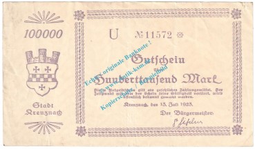 Preview: Kreuznach , Notgeld 100.000 Mark Schein in gbr. Keller 2812... Rheinland 1923 Grossnotgeld Inflation
