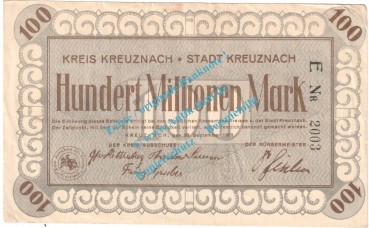 Kreuznach , Notgeld 100 Millionen Mark Schein in gbr. Keller 2813.f , Rheinland 1923 Grossnotgeld Inflation
