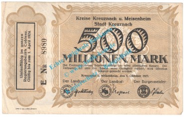 Preview: Kreuznach , Notgeld 500 Millionen Mark Schein in gbr. Keller 2814.a , Rheinland 1923 Grossnotgeld Inflation