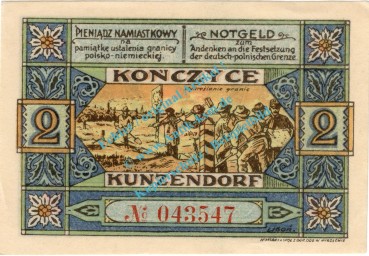 Kunzendorf , Notgeld 2 Mark Schein in kfr. M-G 750.1.b , Oberschlesien 1922 Seriennotgeld