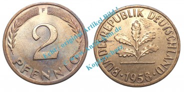 Kursmünze BRD , 2 Pfennig Stück vz-Stgl. von 1958 F , J.381 , -0542-