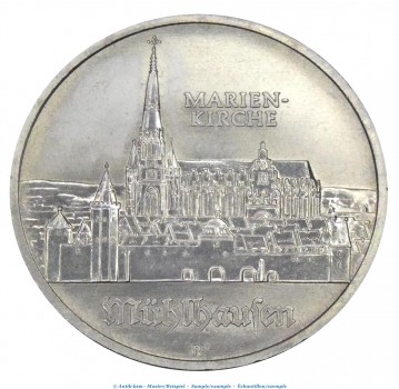 Kursmünze DDR , 5 Mark Münze -Marienkirche Mühlhausen- von 1989 , bfr. vz. , Jäger 842 , Staatsbank DDR