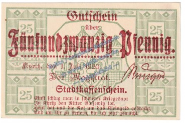 Kyritz , Notgeld 25 Pfennig Schein in kfr. Tieste 3785.05.05 , Brandenburg 1920 Verkehrsausgabe
