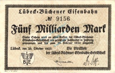 Lübeck , Banknote 5 Milliarden Mark Schein in gbr. Keller 3342 , Schleswig Holstein 1923 Inflation