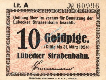 Lübeck , Notgeld 10 Gold Pfennig Schein in kfr. Müller 3115.2 , Schleswig Holstein o.D. Wertbeständig