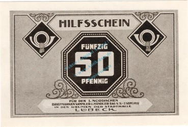 Preview: Lübeck , Notgeld 50 Pfennig Schein Nr.1 unc-kfr. M-G 826.1 , Schleswig Holstein 1921 Seriennotgeld