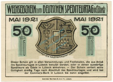 Lübeck , Notgeld 50 Pfennig Schein Nr.2 unc-kfr. M-G 822.1 , SH 1921 Seriennotgeld -5736-