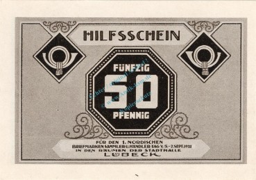 Preview: Lübeck , Notgeld 50 Pfennig Schein Nr.2 unc-kfr. M-G 826.1 , Schleswig Holstein 1921 Seriennotgeld