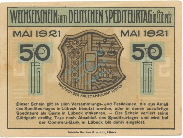 Lübeck , Notgeld 50 Pfennig Schein Nr.3 unc-kfr. M-G 822.1 , SH 1921 Seriennotgeld -1624-