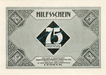 Preview: Lübeck , Notgeld 75 Pfennig Schein Nr.1 unc-kfr. M-G 826.6 , Schleswig Holstein 1921 Seriennotgeld