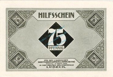 Preview: Lübeck , Notgeld 75 Pfennig Schein Nr.2 unc-kfr. M-G 826.7 , Schleswig Holstein 1921 Seriennotgeld