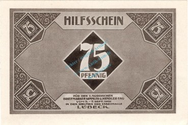 Preview: Lübeck , Notgeld 75 Pfennig Schein Nr.3 unc-kfr. M-G 826.14 , Schleswig Holstein 1921 Seriennotgeld