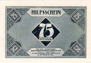 Preview: Lübeck , Notgeld 75 Pfennig Schein Nr.3 unc-kfr. M-G 826.1 , Schleswig Holstein 1921 Seriennotgeld
