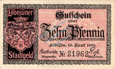 Löbejün , Notgeld 10 Pfennig Schein in unc-kfr. Ti.4180.05.05 , Sachsen 1920 Verkehrsausgabe