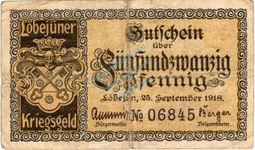 Löbejün , Notgeld 25 Pfennig Schein in gbr. Ti.4180.05.01 , Sachsen Anhalt 1918 Verkehrsausgabe