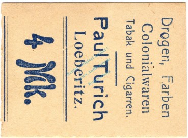 Löberitz , Notgeld 4 Mark Schein in kfr-unc Ti.4185.20.23 , Sachsen Anhalt o.D. Verkehrsausgabe