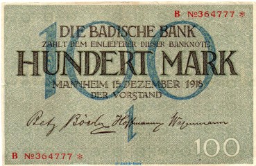 Länderbanknote , 100 Mark Schein in gbr. BAD-6, Ros.708, S.907 , vom 15.12.1918 , Badische Notenbank - Inflation