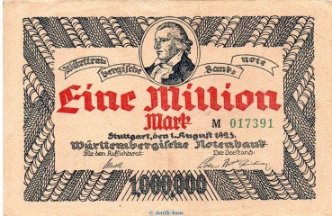 Länderbanknote , 1 Million Mark Schein in gbr. WTB-18, Ros.778, S.987 , vom 01.08.1923 , Württembergische Notenbank