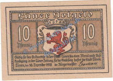 Lünen , Notgeld 10 Pfennig Schein in kfr. Tieste 4290.10.01 , Westfalen 1918 Verkehrsausgabe