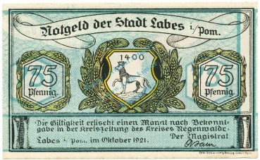 Labes , Notgeld 75 Pfennig -Fehldruck- unc-kfr. M-G 755... POM 1921 Seriennotgeld -5707-