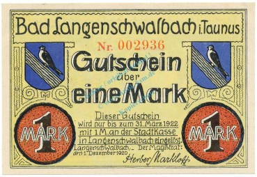 Langenschwalbach , Notgeld 1 Mark Schein unc-kfr. M-G 771.2 , HE 1920 Seriennotgeld -1893-