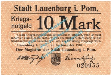 Lauenburg , Notgeld 10 Mark Schein in gbr. Geiger 310.02.a , Pommern 1918 Grossnotgeld
