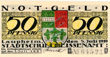 Laupheim , Notgeld 50 Pfennig Schein in unc-kfr. Ti.3930.05.10 , Württemberg 1919 Verkehrsausgabe