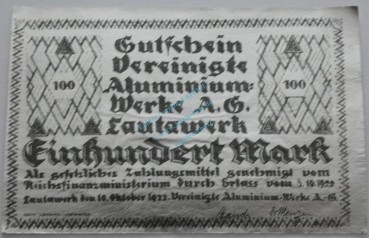 Lautawerk , Banknote 100 Mark -Alu- unc-kfr. Mü.2590.3 , BBG 1922 Großnotgeld -3643-