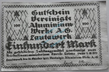 Lautawerk , Banknote 100 Mark -Alu- unc-kfr. Mü.2590.3 , BBG 1922 Großnotgeld -3644-