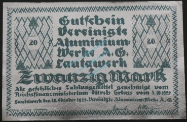 Lautawerk , Banknote 20 Mark -Alu- unc-kfr. Mü.2590.1 , BBG 1922 Großnotgeld -3634-