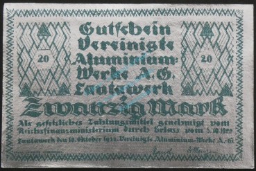 Lautawerk , Banknote 20 Mark -Alu- unc-kfr. Mü.2590.1 , BBG 1922 Großnotgeld -3636-