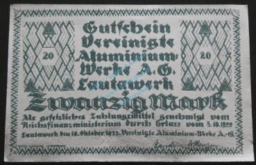 Lautawerk , Banknote 20 Mark -Alu- unc-kfr. Mü.2590.1 , BBG 1922 Großnotgeld -3640-