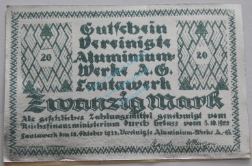 Lautawerk , Banknote 20 Mark -Alu- unc-kfr. Mü.2590.1 , BBG 1922 Großnotgeld -3641-
