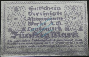Lautawerk , Banknote 50 Mark -Alu- unc-kfr. Mü.2590.2 , BBG 1922 Großnotgeld -3637-