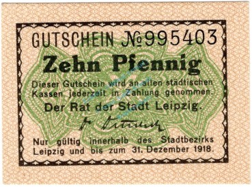 Leipzig , Notgeld 10 Pfennig Schein in unc-kfr. Ti.3980.115.01 , Sachsen o.D. Verkehrsausgabe