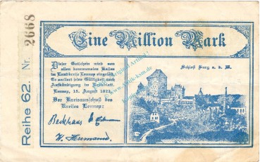 Lennep , Banknote 1 Million Mark Schein gbr. Keller 3215.f , Rheinland 1923 Inflation