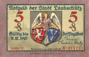 Leobschütz , Notgeld 5 Pfennig Schein unc-kfr. Ti.4020.05.20 , Schlesien o.D. Verkehrsausgabe