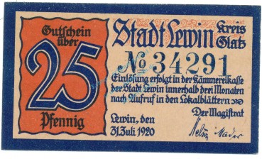 Lewin , Notgeld 25 Pfennig Schein unc-kfr. Ti.4030.05.30 , SLN 1920 Verkehrsausgabe -4158-