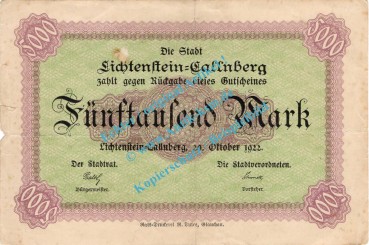 Lichtenstein Callnberg , Banknote 5.000 Mark Schein in gbr. Müller 2715.8 , Sachsen 1922 Inflation