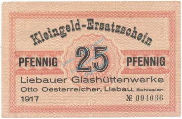 Liebau , Notgeld 25 Pfennig Schein unc-kfr. Tieste 4055.10.05 , SLN 1917 Verkehrsausgabe -4057-