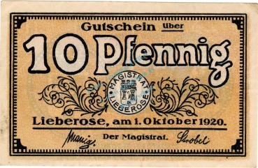 Lieberose , Notgeld 10 Pfennig Schein in unc-kfr. Ti.4065.05.10 , Brandenburg 1920 Verkehrsausgabe