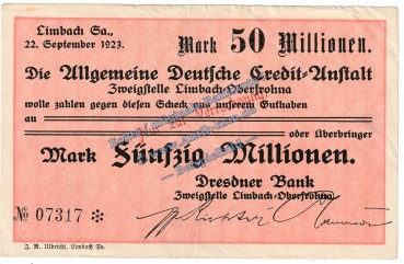 Limbach , Banknote 50 Millionen Mark Schein in gbr. Keller 3274.II.n , Sachsen 1923 Grossnotgeld - Inflation