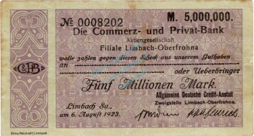 Limbach , Banknote 5 Millionen Mark Schein gbr. Bühn 4725.13 , Sachsen 1923 Inflation