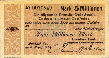 Limbach , Banknote 5 Millionen Mark Schein gbr. Bühn 4727.16 , SachLimbach , Banknote 5 Millionen Mark Schein gbr. Bühn 4727.16 , Sachsen 1923 Inflationsen 1923 Inflation