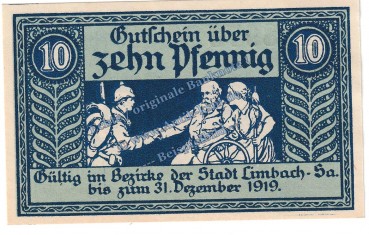 Preview: Limbach , Notgeld 10 Pfennig Schein in kfr. Tieste 3630.10.10 , Sachsen o.D. Verkehrsausgabe